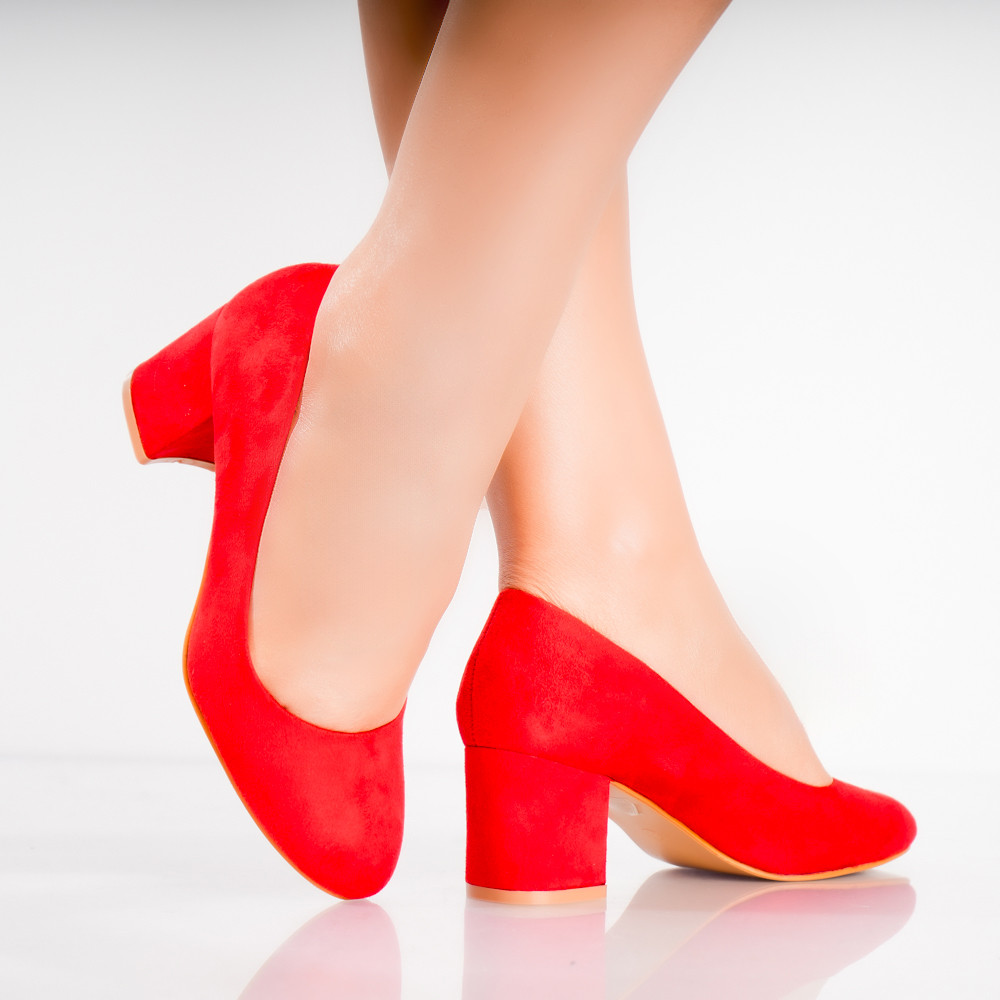 Pantofi dama cu toc Rosii din Piele Ecologica Intoarsa Azen - poza 3