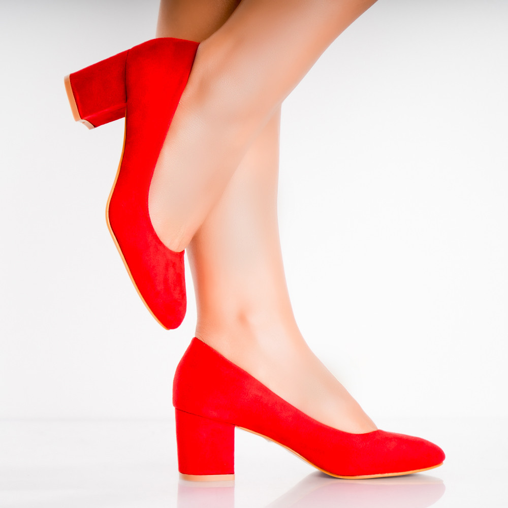 Pantofi dama cu toc Rosii din Piele Ecologica Intoarsa Azen - poza 4