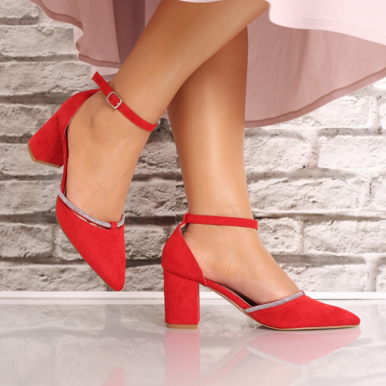Pantofi dama cu toc Rosii din Piele Ecologica Intoarsa Glorinda - poza 4