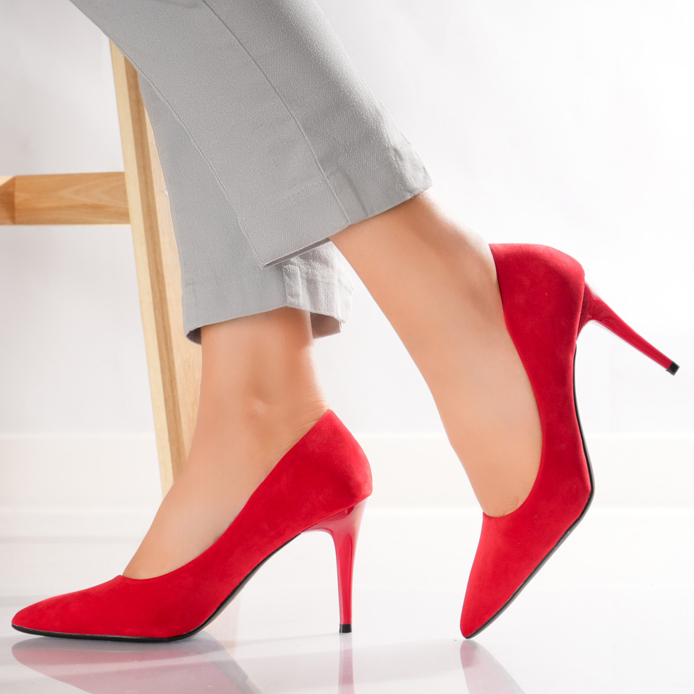 Pantofi dama cu toc Rosii din Piele Ecologica Intoarsa Rumel - poza 3