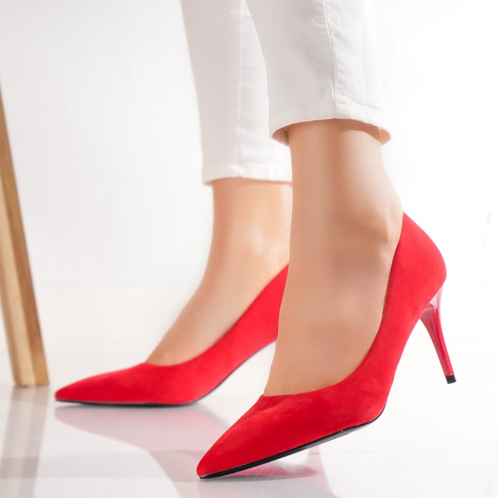 Pantofi dama cu toc Rosii din Piele Ecologica Intoarsa Velu - poza 1