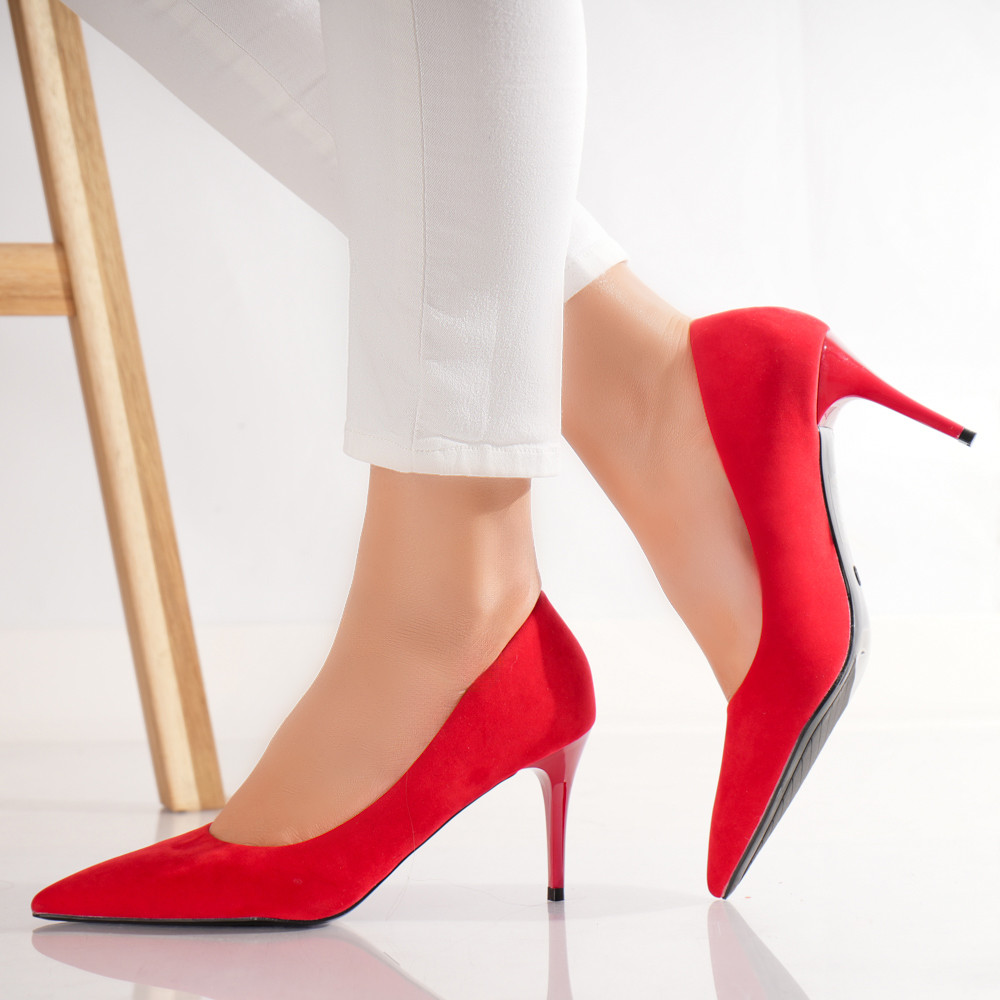 Pantofi dama cu toc Rosii din Piele Ecologica Intoarsa Velu - poza 2