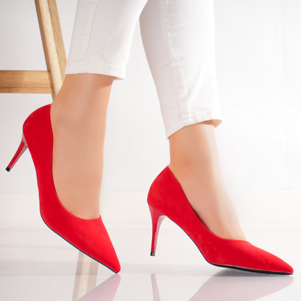 Pantofi dama cu toc Rosii din Piele Ecologica Intoarsa Velu - poza 3