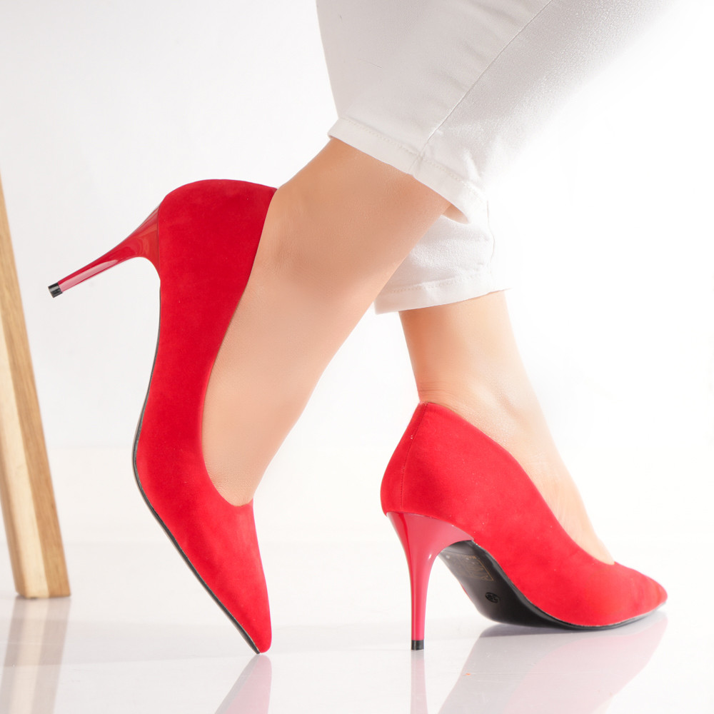 Pantofi dama cu toc Rosii din Piele Ecologica Intoarsa Velu - poza 4