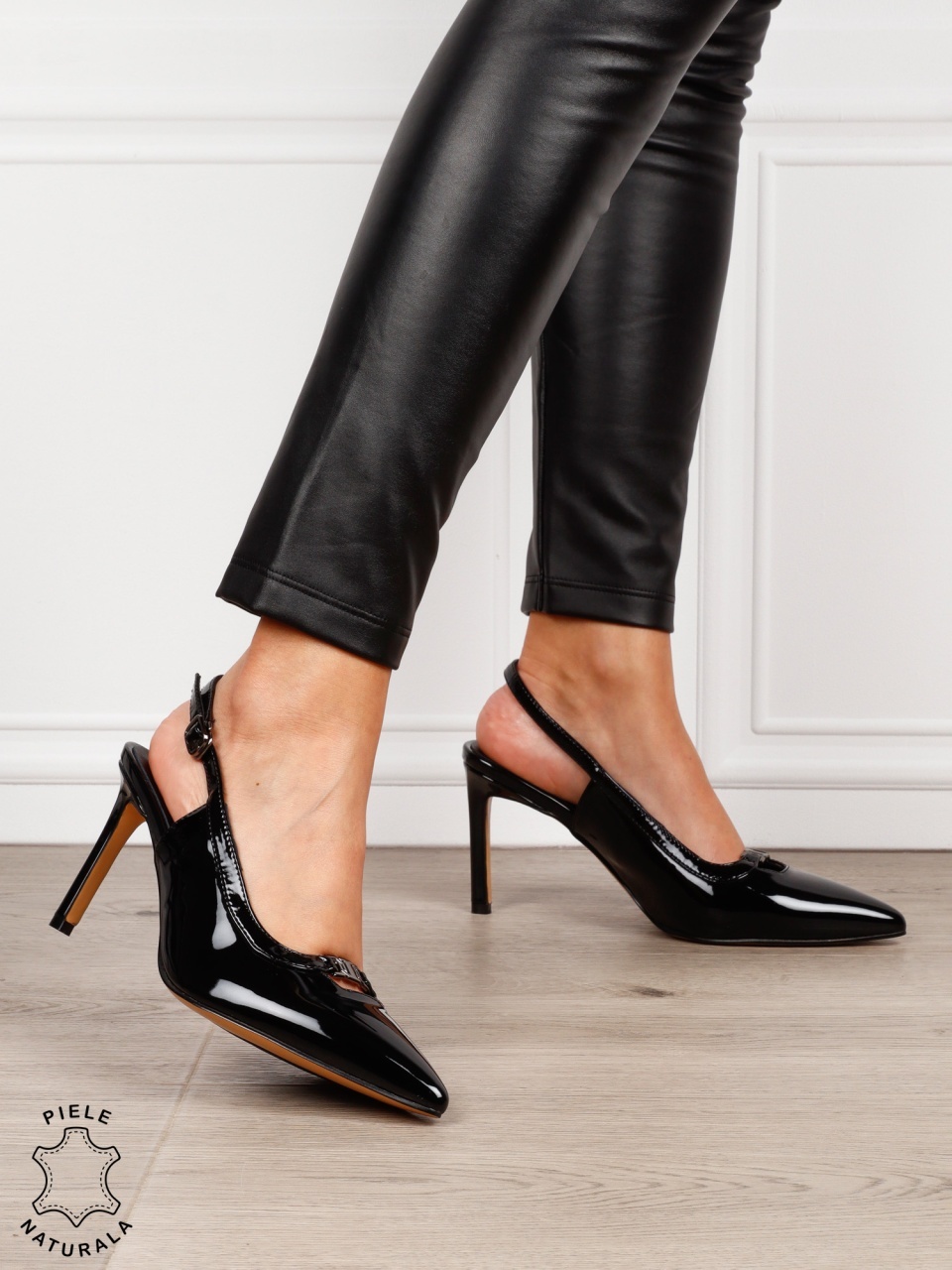 Pantofi dama eleganti din piele naturala Lacuita cu toc subtire clasic CRL1635 NEGRU
