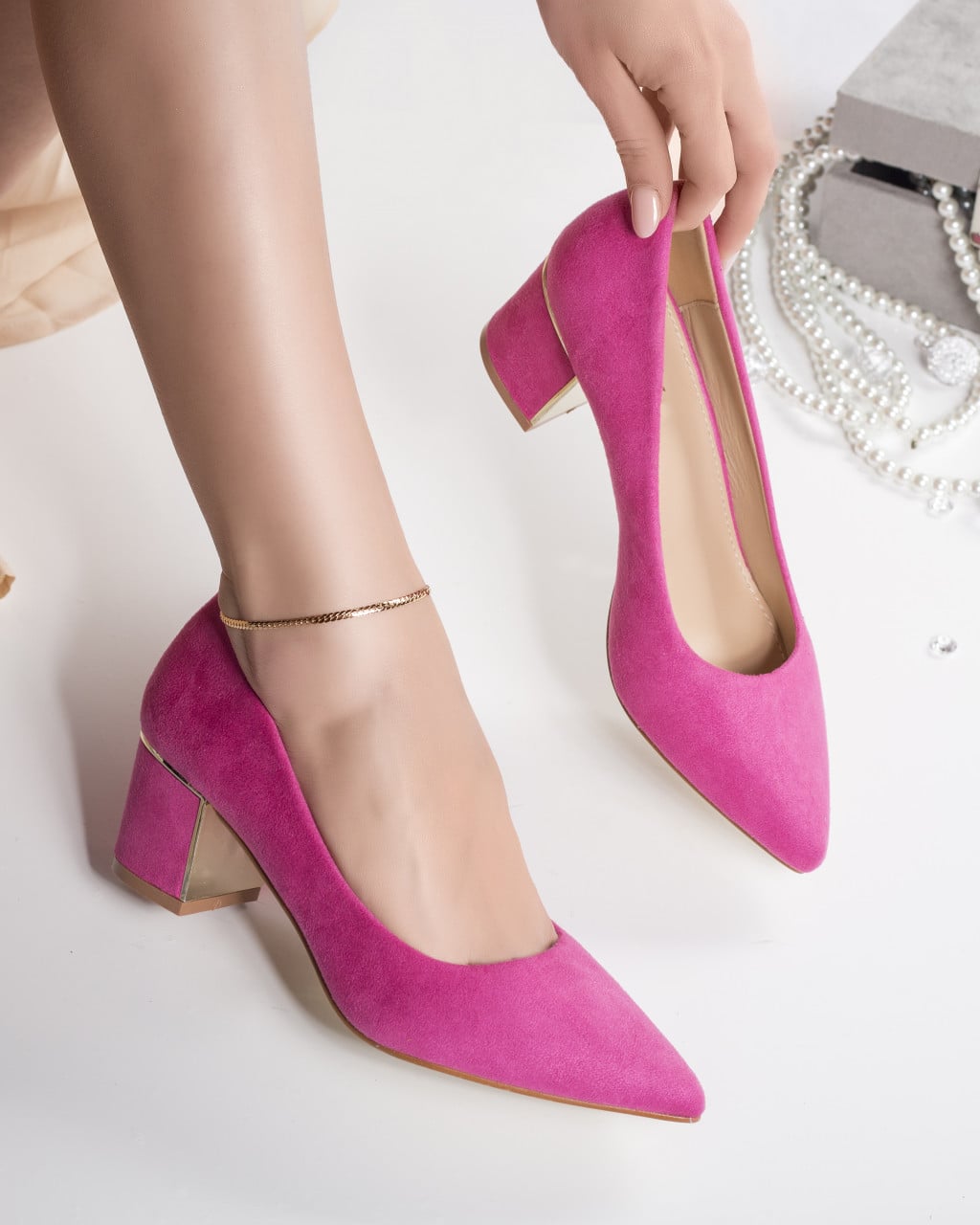Pantofi dama fucsia cu toc piele eco intoarsa kila - poza 3