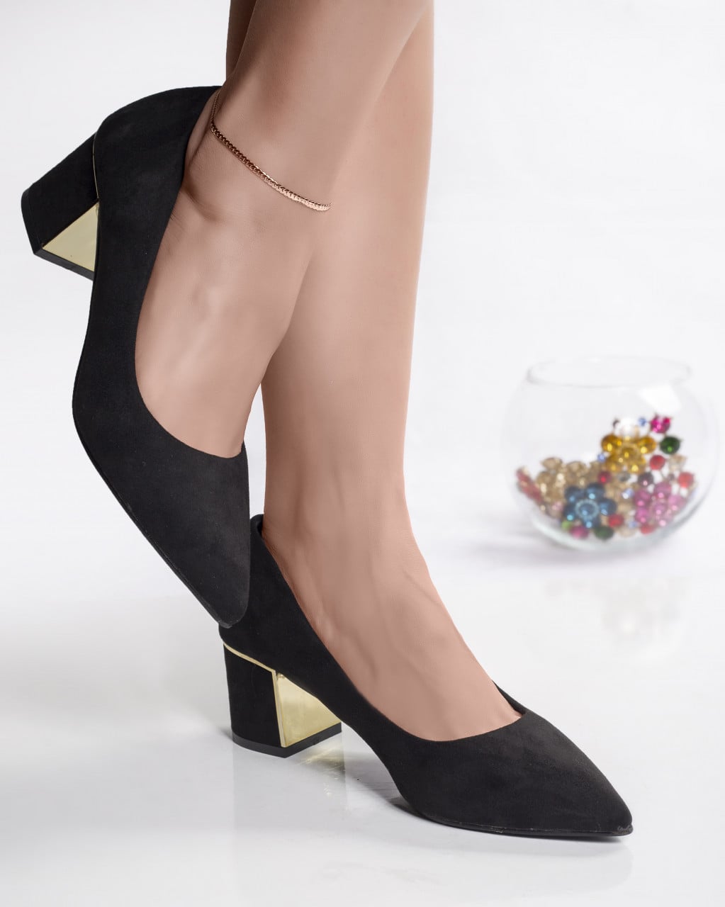 Pantofi dama negri cu toc piele eco intoarsa kila