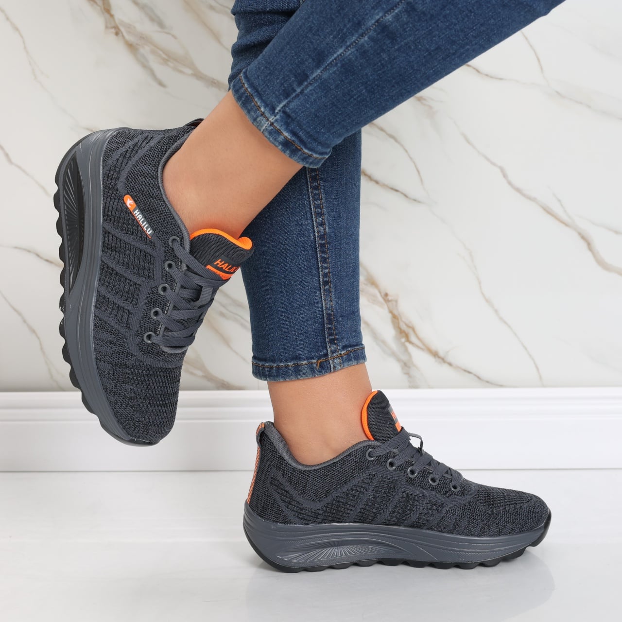 Pantofi dama sport gri inchis din textil Kiera - poza 1