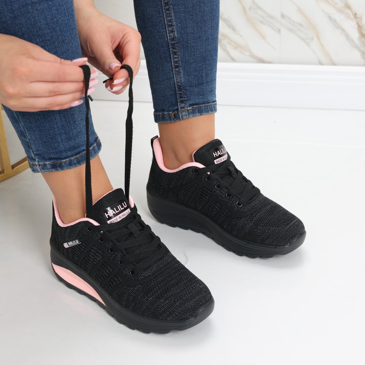 Pantofi dama sport negri/roz din textil Kiera - poza 1
