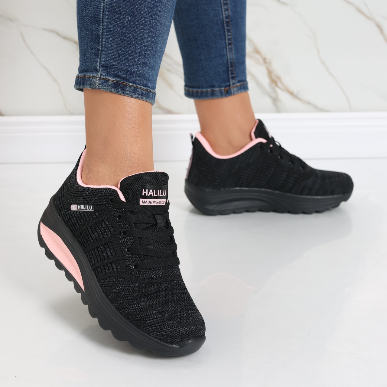 Pantofi dama sport negri/roz din textil Kiera - poza 3