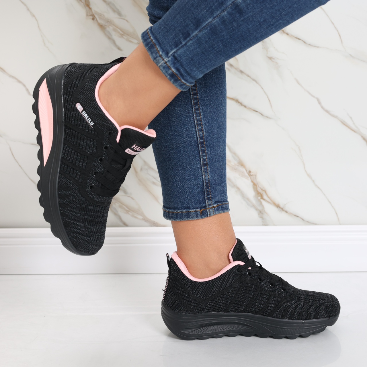 Pantofi dama sport negri/roz din textil Kiera - poza 5