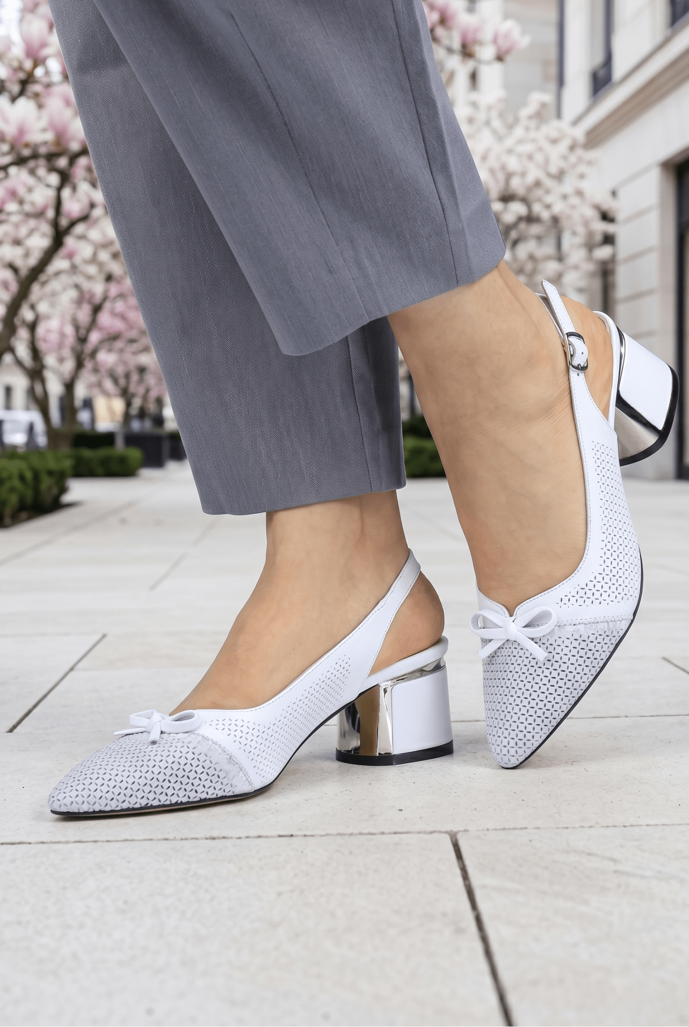 Pantofi Eleganti cu Toc Decupati din Piele Albi - WYV WHITE