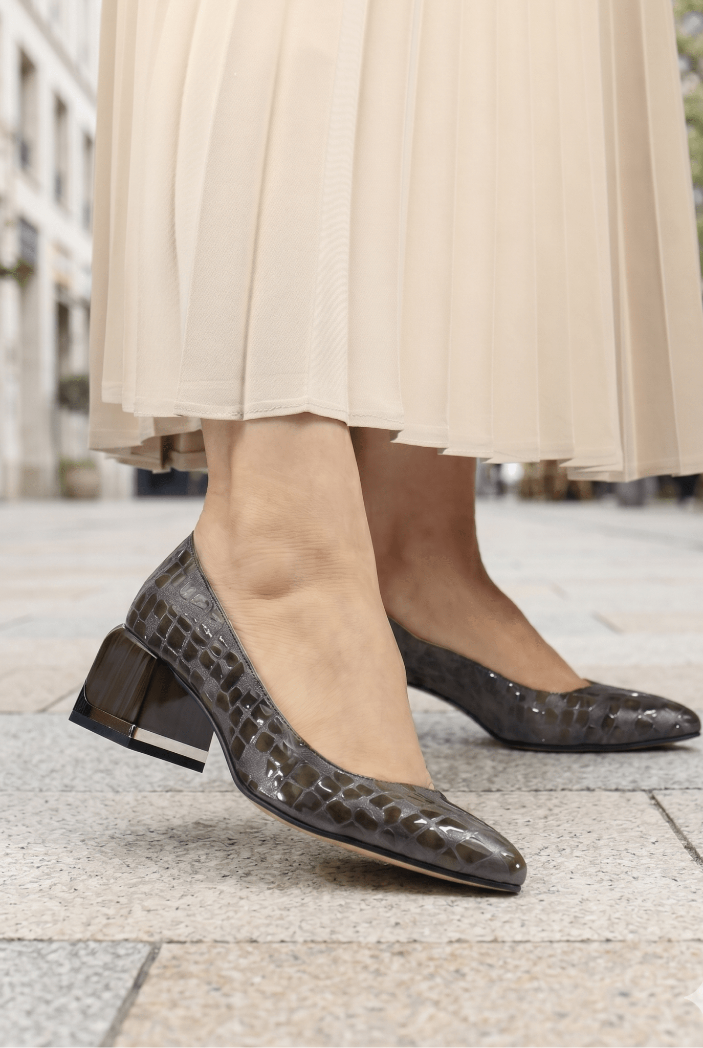 Pantofi Eleganti cu Toc din Piele TAUPE - SNYA CROCO B