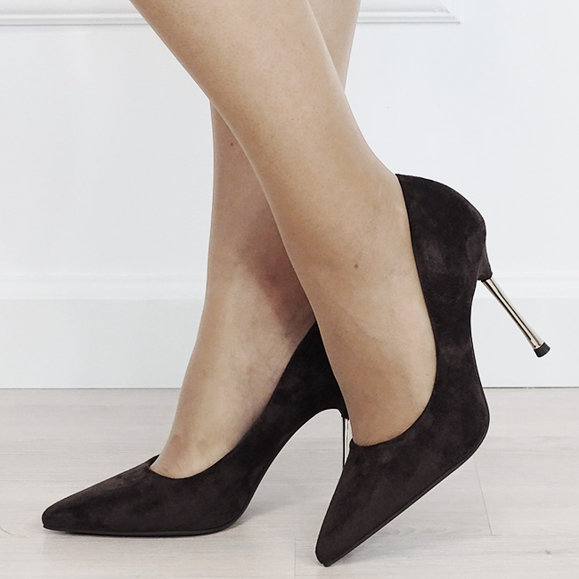 Pantofi eleganti stiletto maro cu toc auriu 6202 03