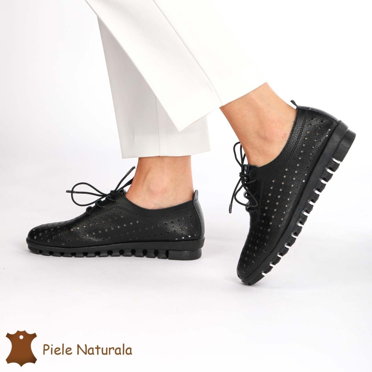 Pantofi Perforati dama din Piele Naturala cu mici perforatii CRL0188 NEGRU