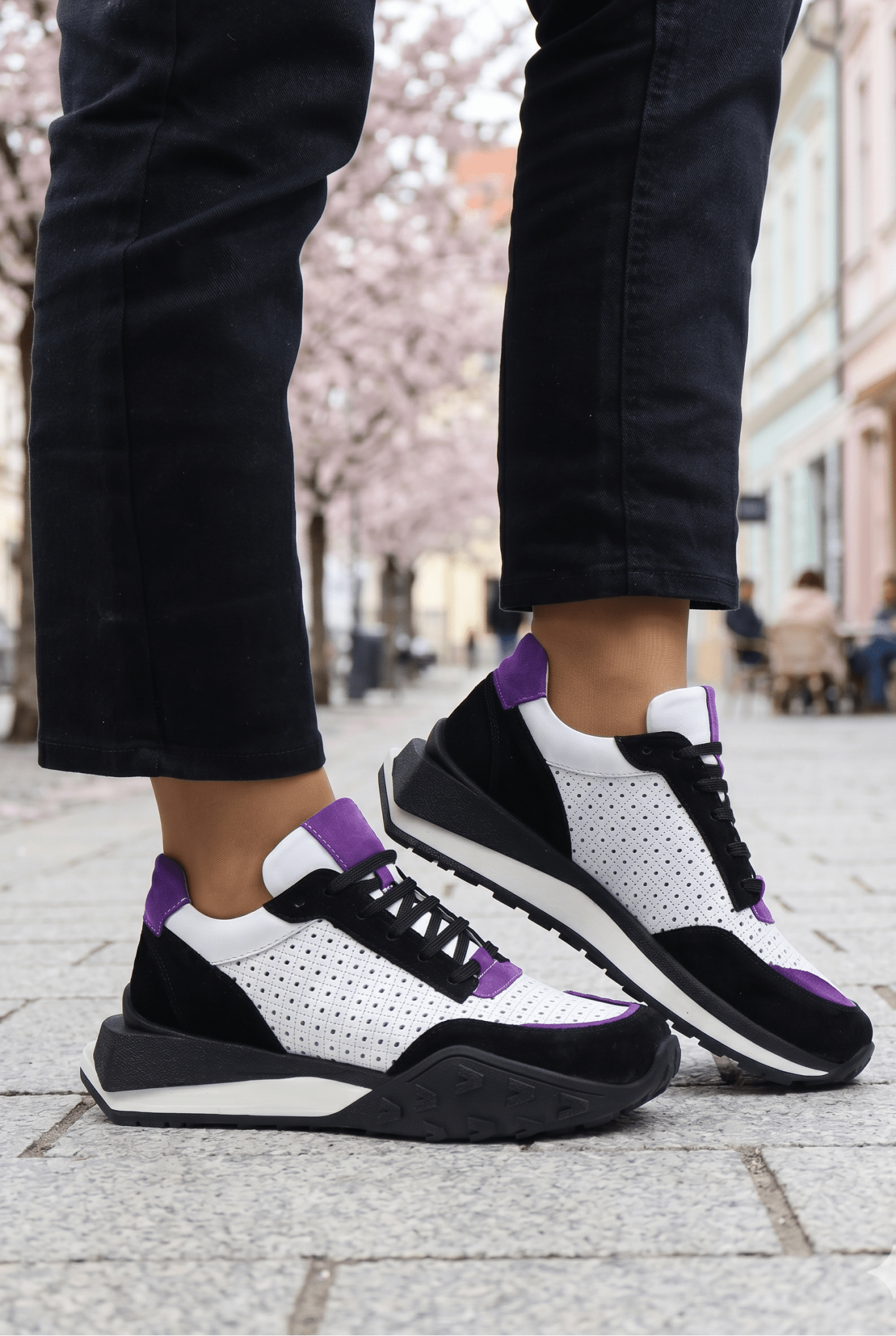 Pantofi Sport Dama din Piele ALBI cu MOV - ZINA LILA