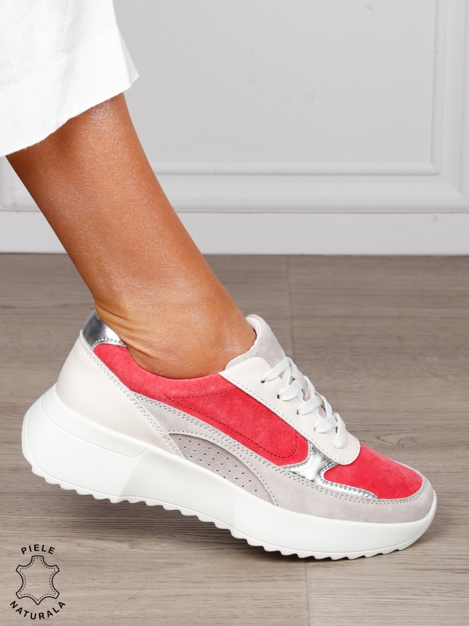 Pantofi sport damă din piele naturală și piele naturală întoarsă, multicolor CRL1564 ROZ