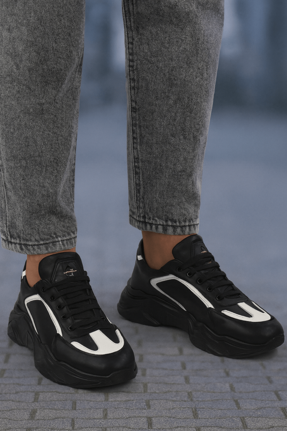 Pantofi Sport de Barbati din Piele Negru cu Alb - MYLE