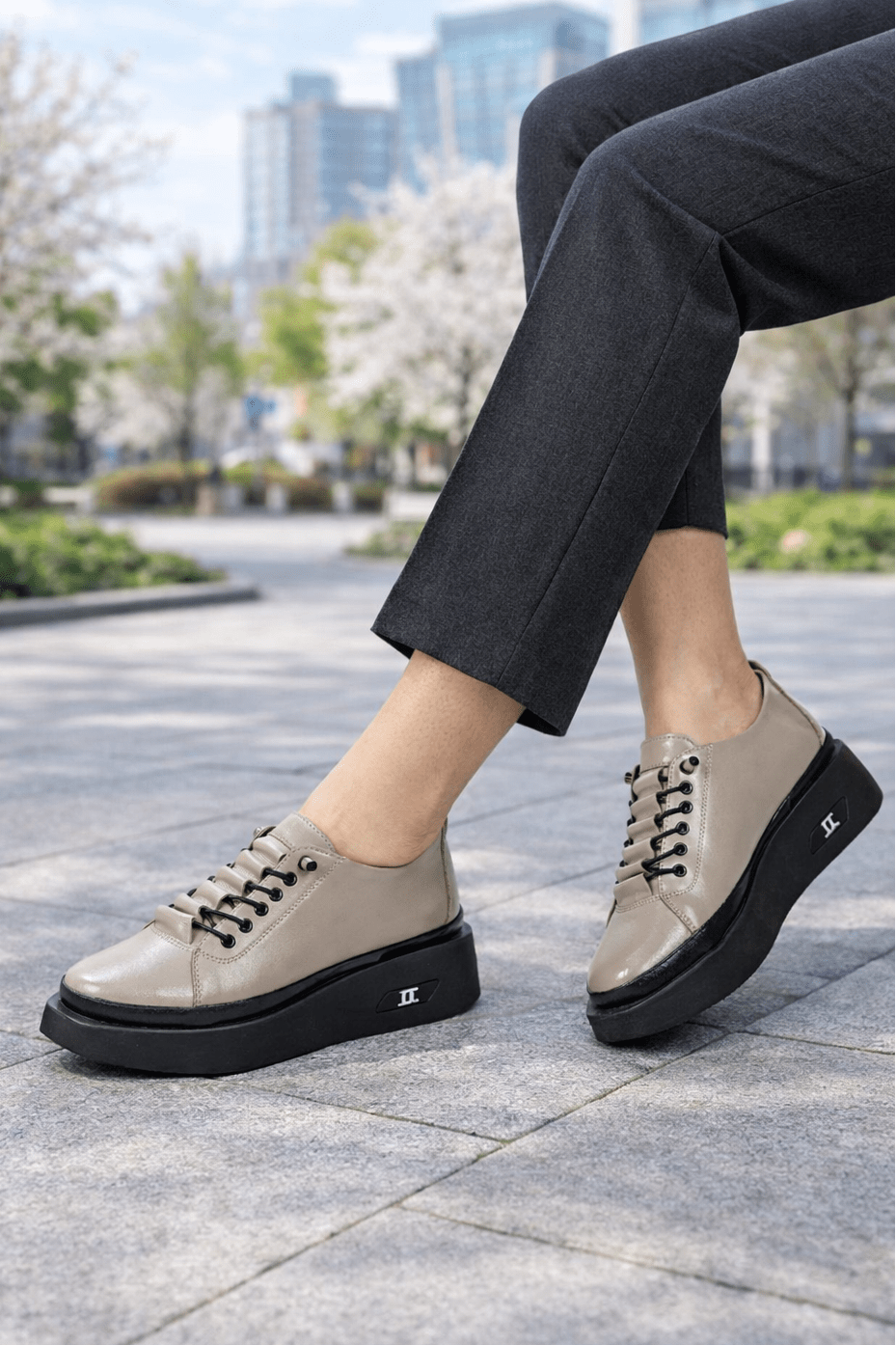 Pantofi Sport din Piele cu Siret Elastic - ELYN TAUPE
