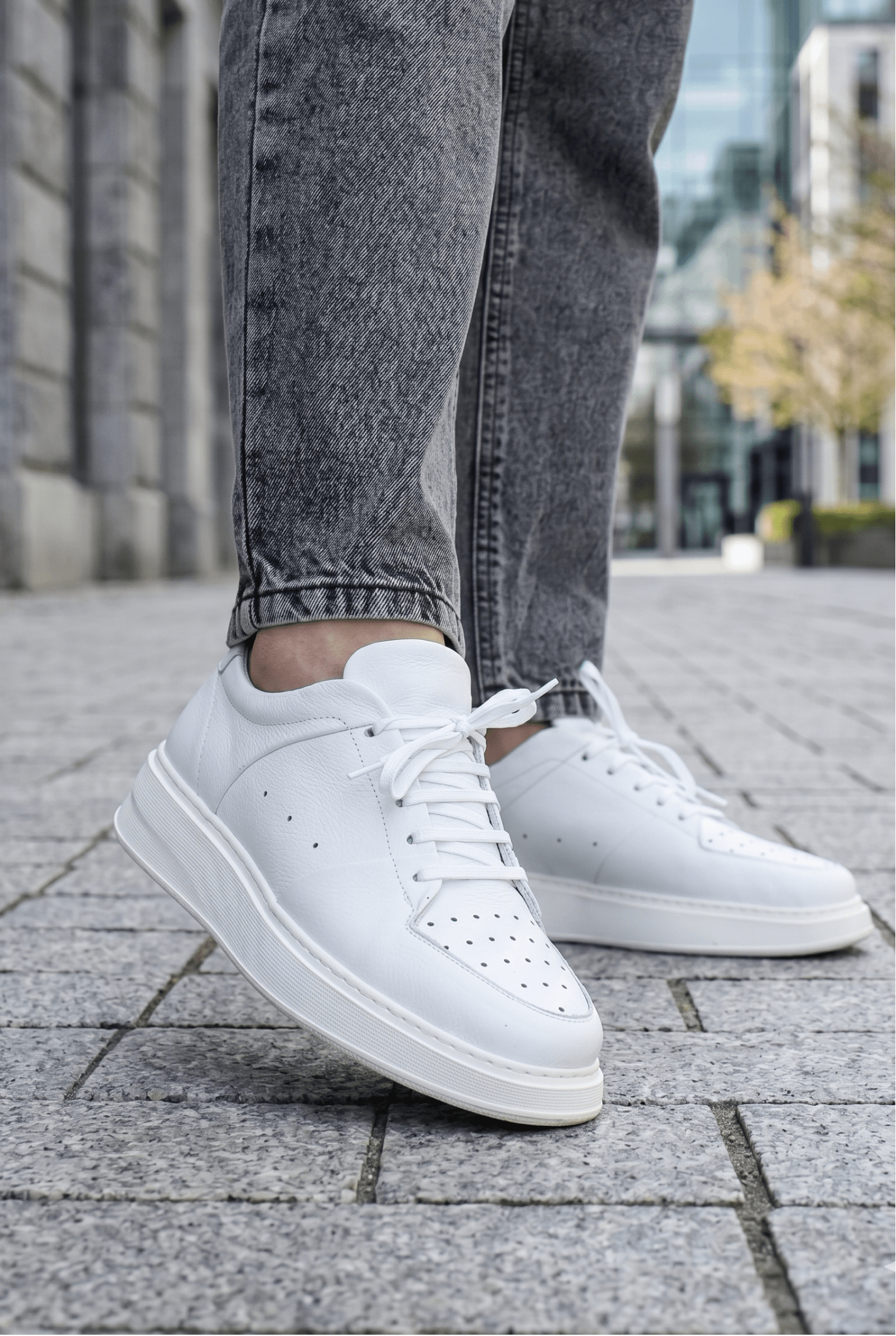 Pantofi Sport din Piele Naturala Perforati Albi - IGI WHITE
