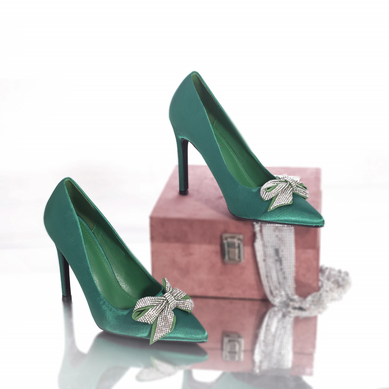 Pantofi stiletto hasnah saten verde - poza 5