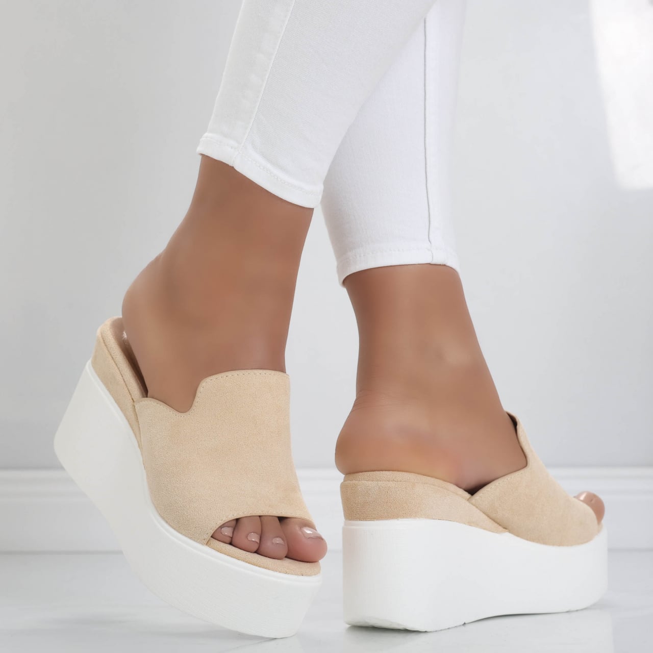 Papuci dama cu platforma Bej din Piele Ecologica Intoarsa Dejota - poza 2