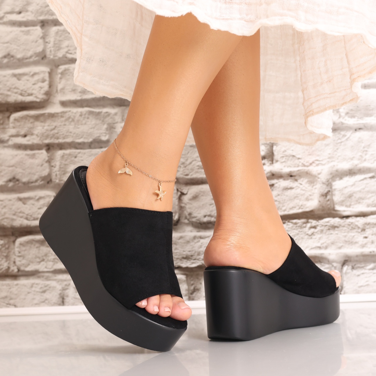 Papuci dama cu platforma Negri din Piele Ecologica Intoarsa Acalva - poza 2