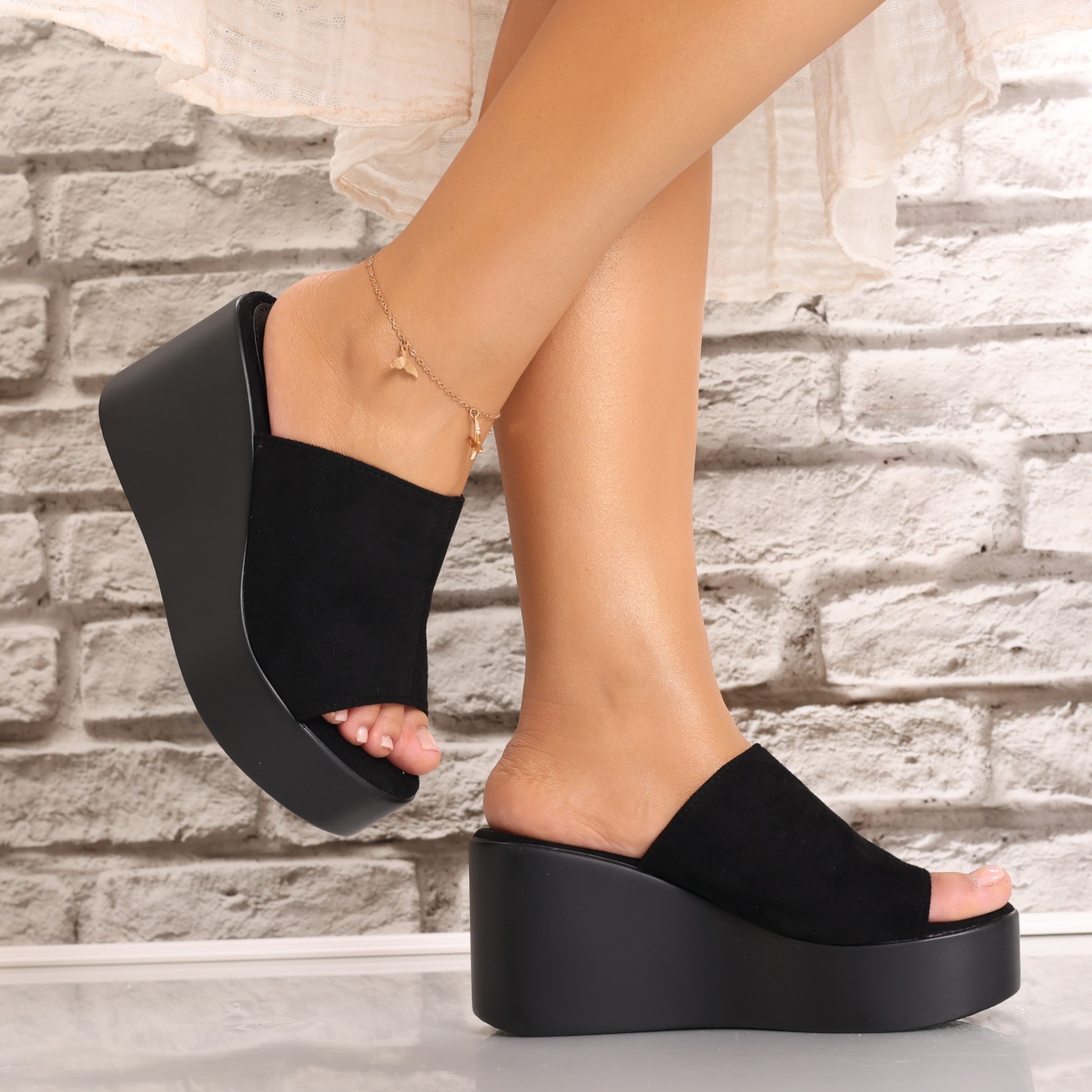 Papuci dama cu platforma Negri din Piele Ecologica Intoarsa Acalva - poza 3