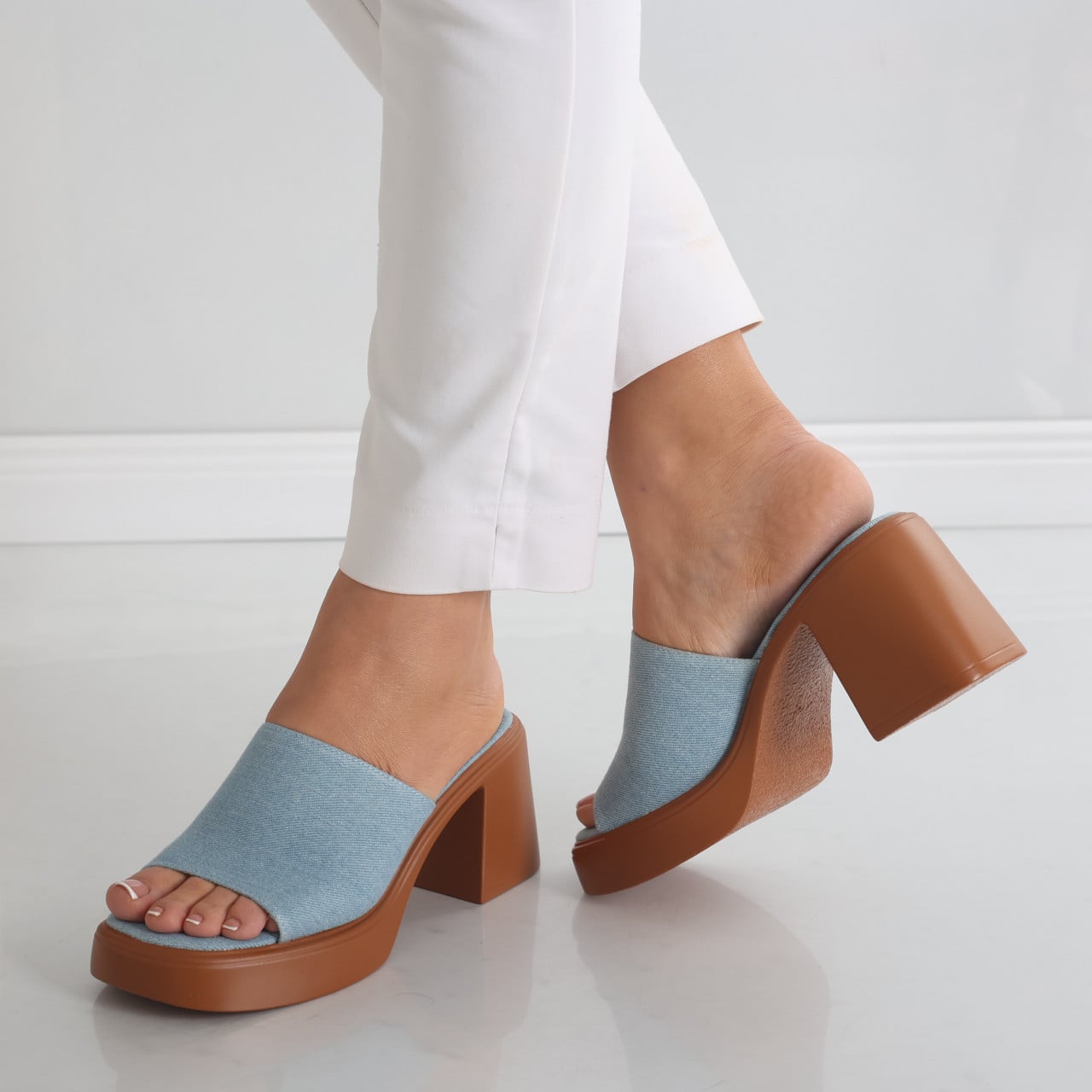 Papuci dama cu toc Albastri din Textil/Blug Minyl - poza 1