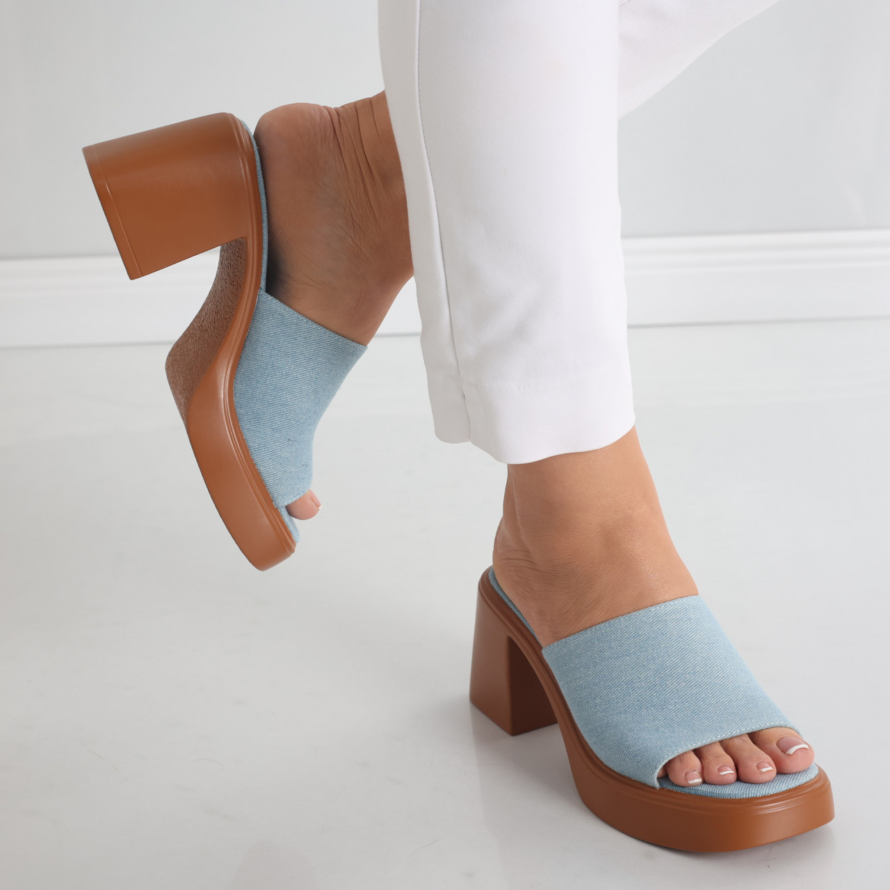 Papuci dama cu toc Albastri din Textil/Blug Minyl - poza 5