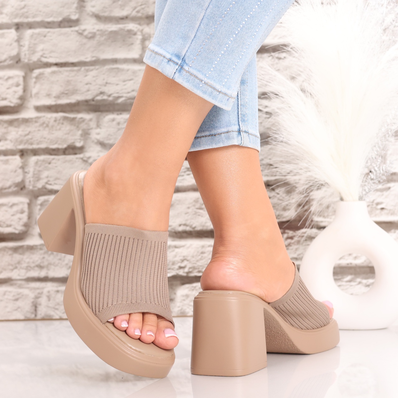 Papuci dama cu toc Kaki din Textil Jexa - poza 2