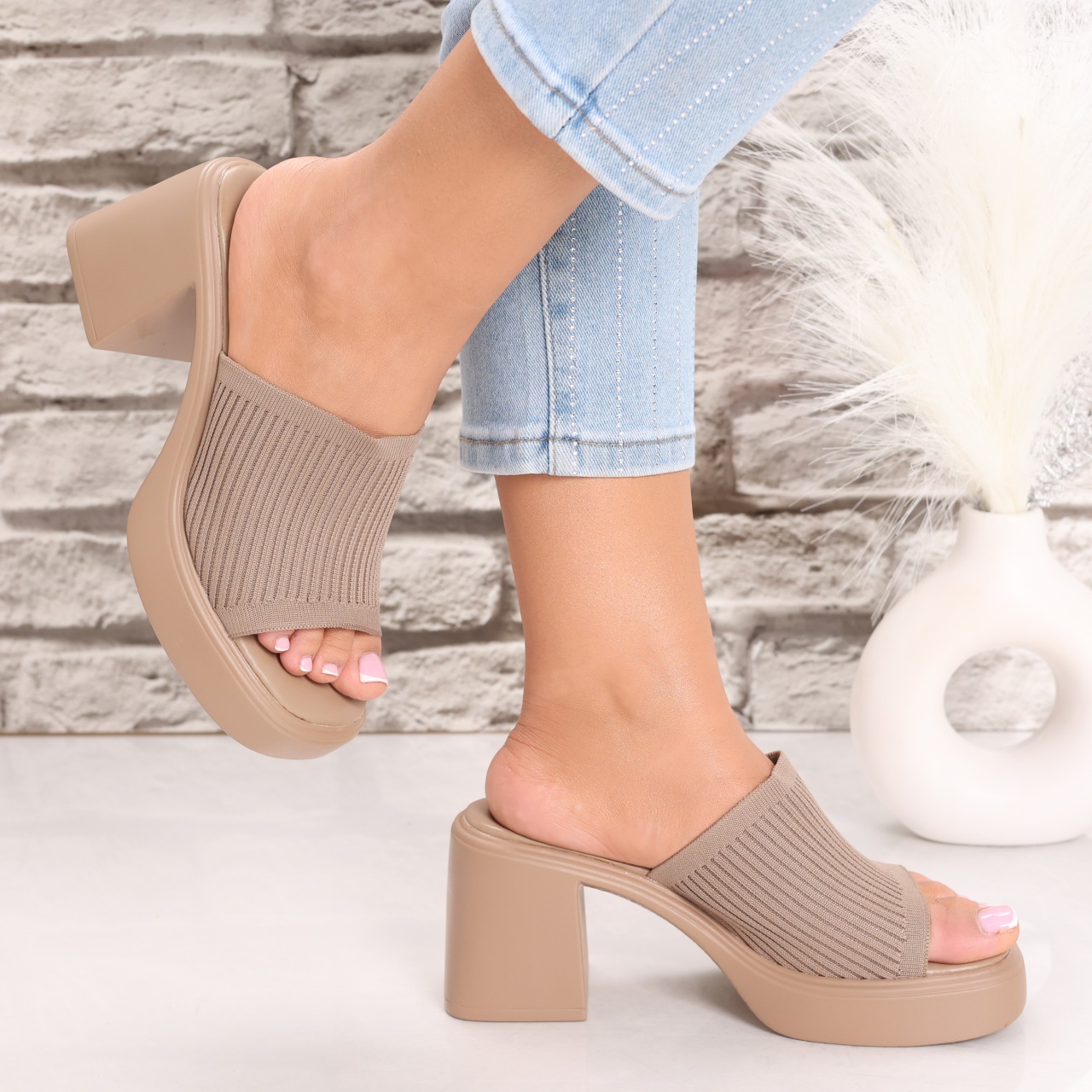 Papuci dama cu toc Kaki din Textil Jexa - poza 5