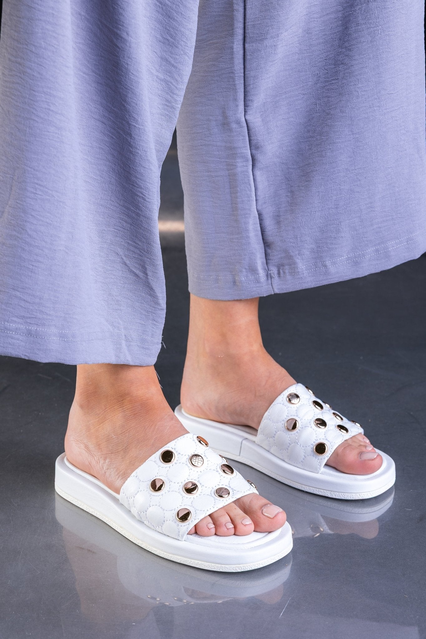Papuci Dama din Piele Alba cu Accesorii - Tosca White