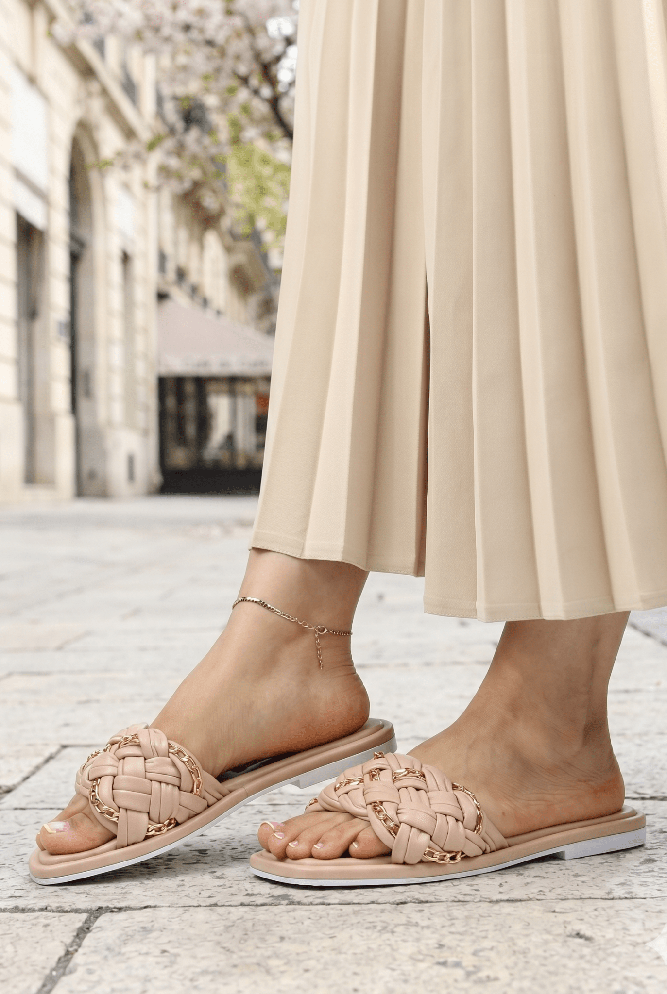 Papuci Dama din Piele Pudra cu Accesorii - Tosa PINK
