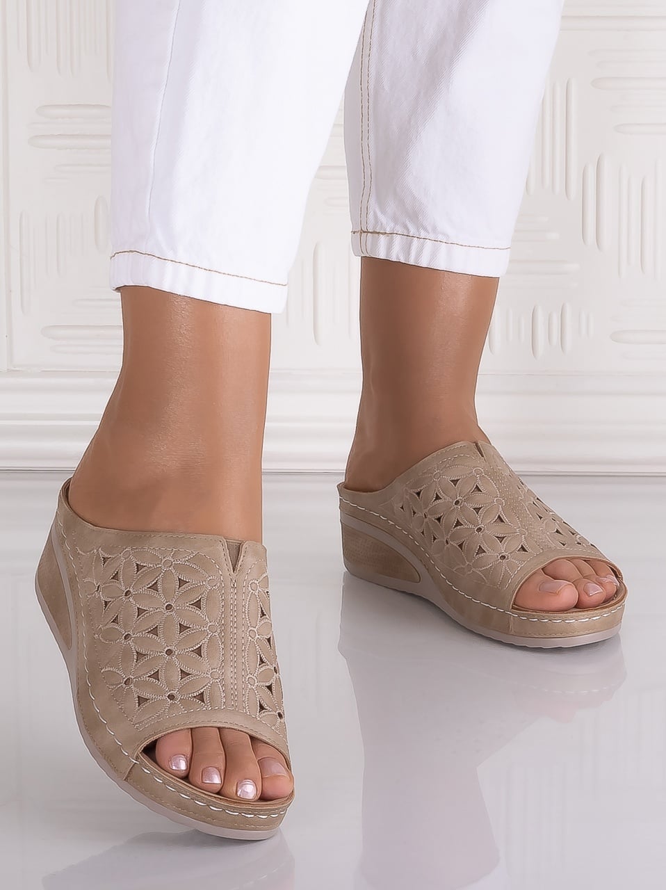 Papuci damă Kaki din piele ecologică Alonura - poza 4