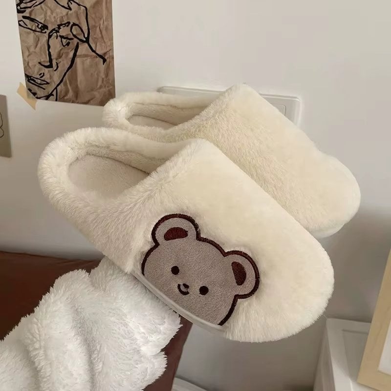 Papuci de casa pentru femei PC013, Fluffy Bears, Crem - poza 1
