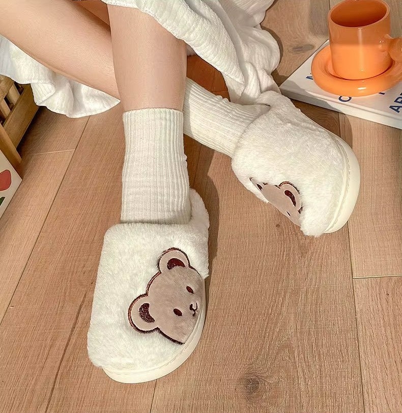 Papuci de casa pentru femei PC013, Fluffy Bears, Crem - poza 2
