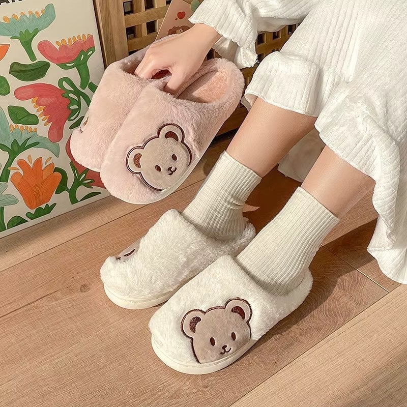Papuci de casa pentru femei PC013, Fluffy Bears, Crem - poza 5