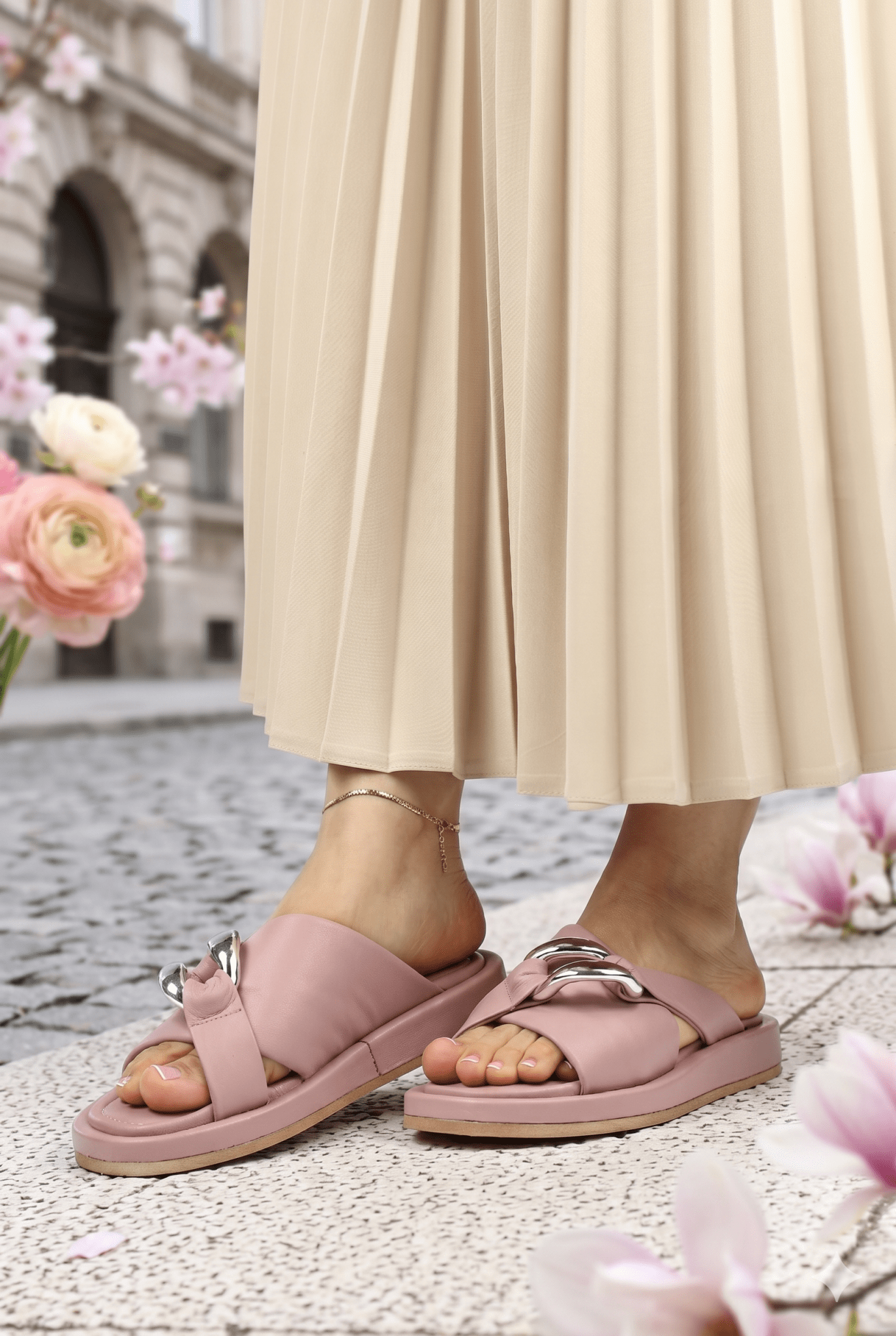 Papuci Din Piene Pudra cu Accesoriu - Vera PINK