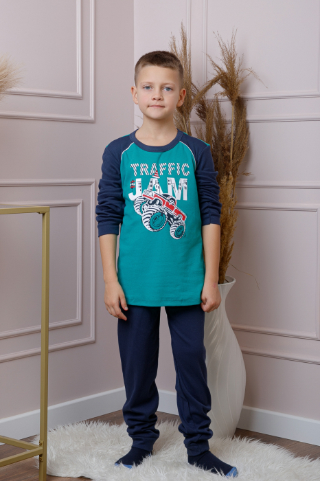 Pijama baieti Oliver din bumbac turcoaz cu imprimeu monster truck