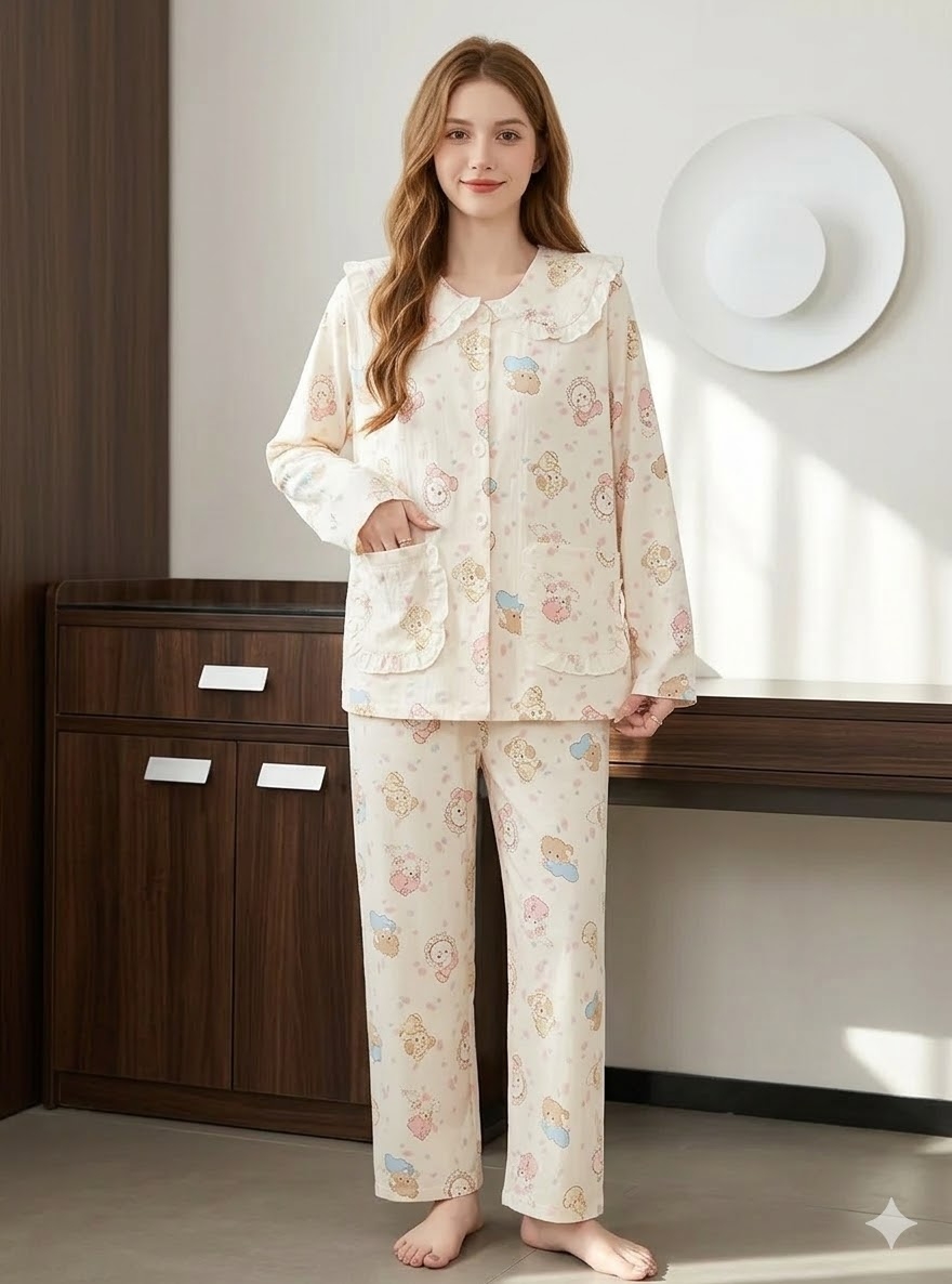 Pijama dama cu guler mare, din doua piese, PJ011, Bej - poza 1