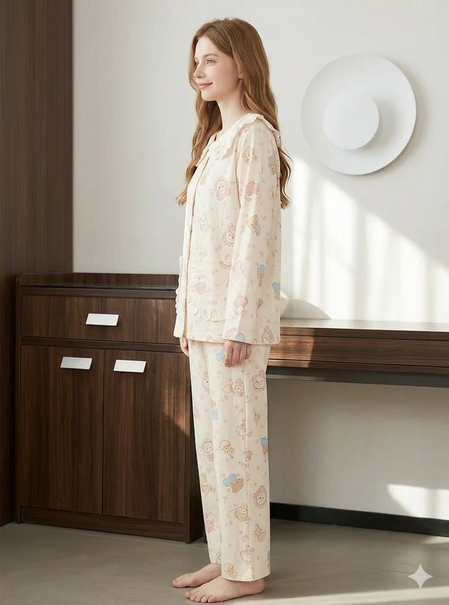 Pijama dama cu guler mare, din doua piese, PJ011, Bej - poza 2