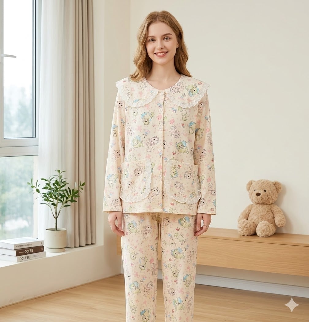 Pijama dama cu guler mare, din doua piese, PJ013, Bej - poza 1