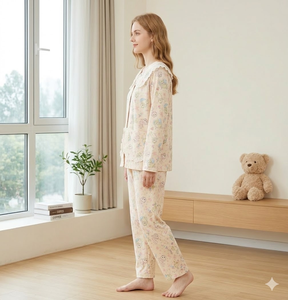Pijama dama cu guler mare, din doua piese, PJ013, Bej - poza 2
