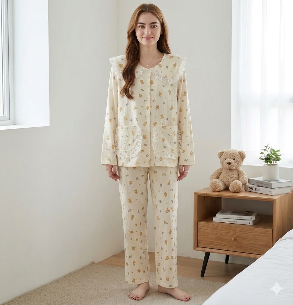 Pijama dama cu guler mare, din doua piese, PJ014, Bej - poza 1