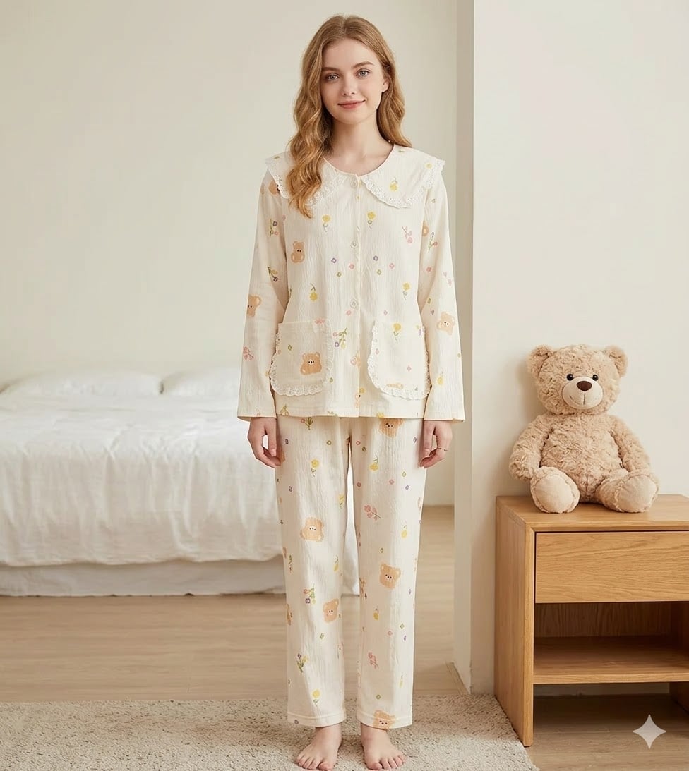 Pijama dama cu guler mare, din doua piese, PJ015, Bej - poza 1