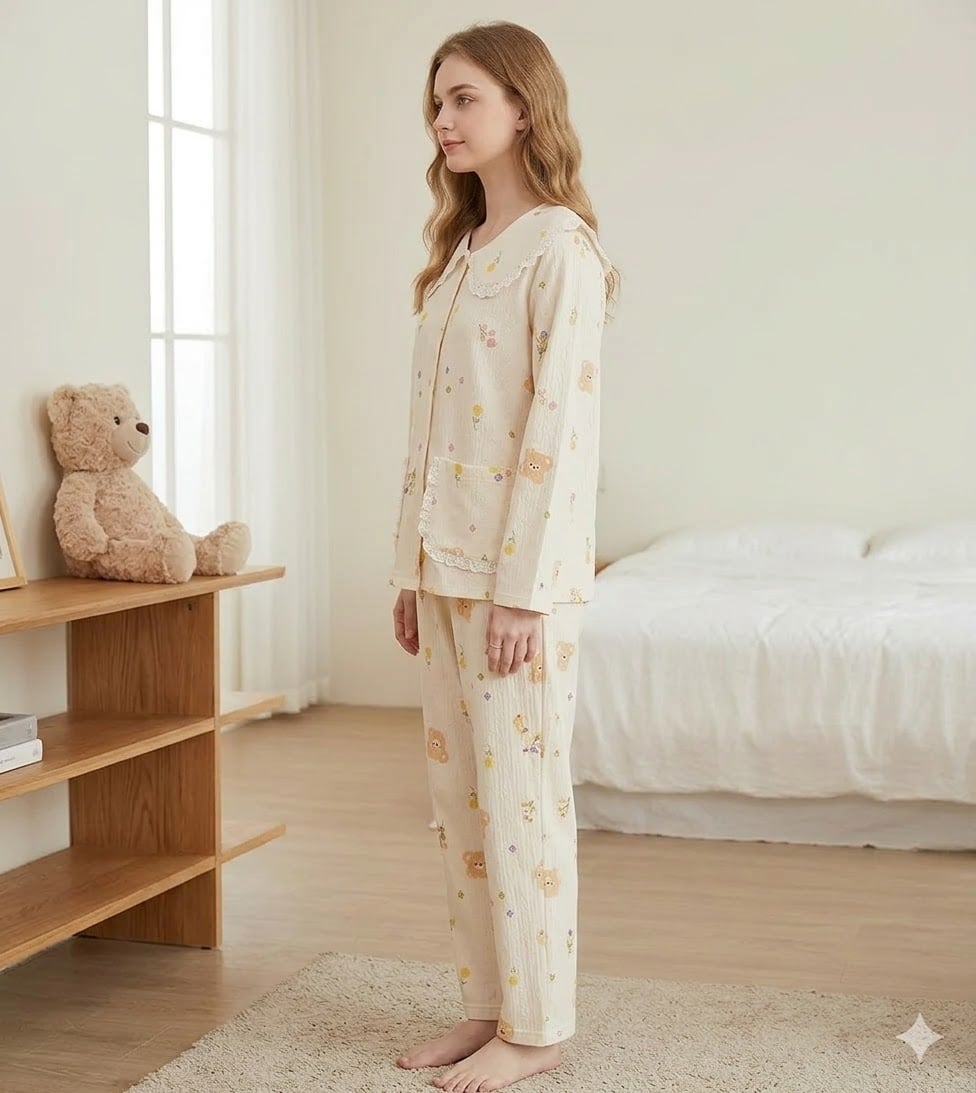 Pijama dama cu guler mare, din doua piese, PJ015, Bej - poza 2