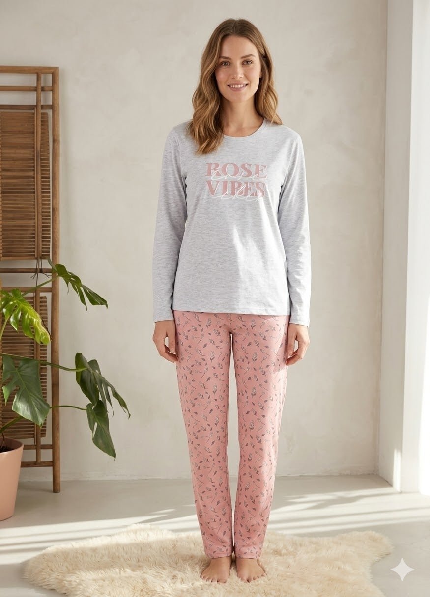 Pijama dama "Everyday", din bumbac, doua piese, 14900, Gri/Roz - poza 1
