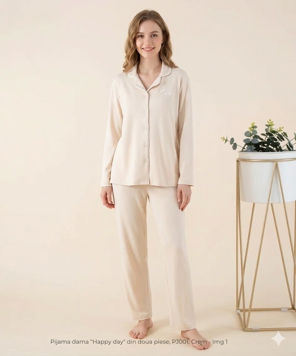 Pijama dama "Happy day" din doua piese, PJ001, Crem - poza 1