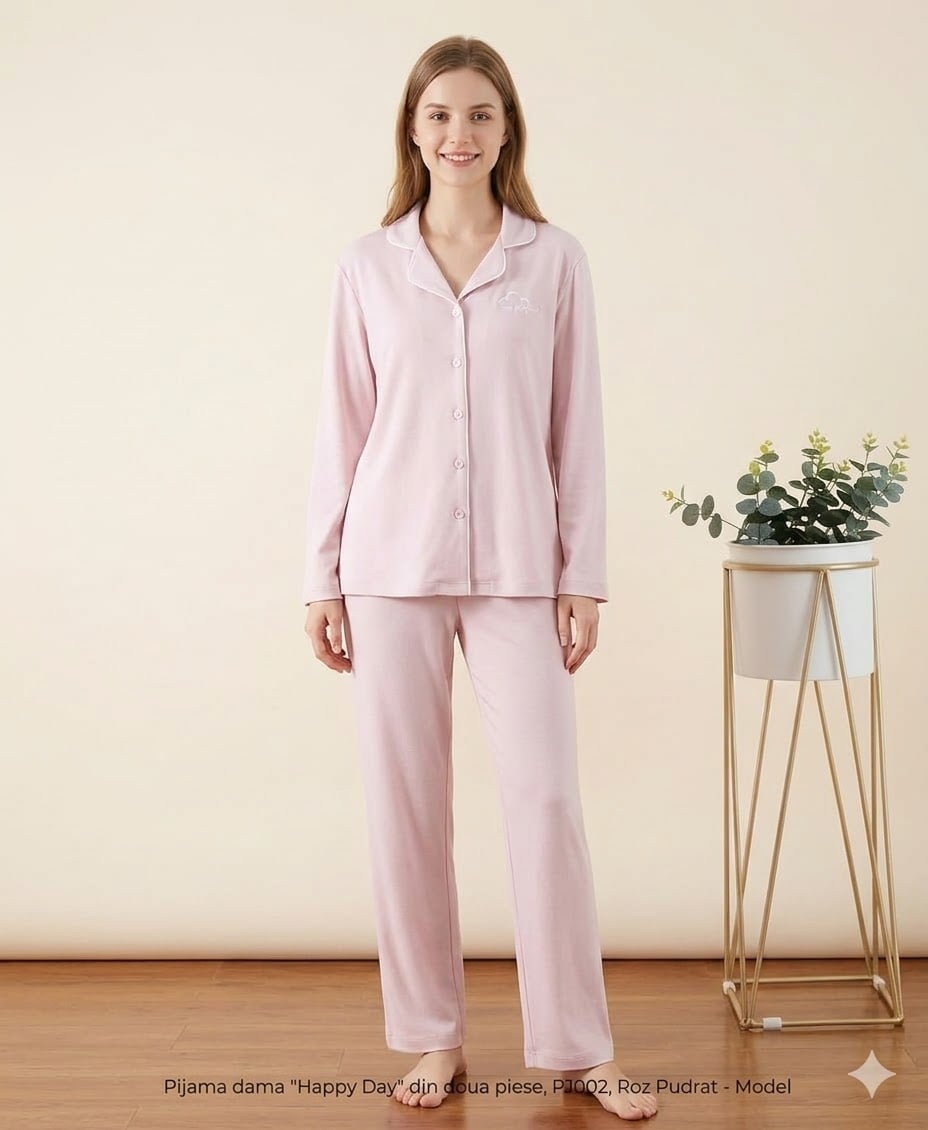 Pijama dama "Happy Day" din doua piese, PJ002, Roz Pudrat - poza 1